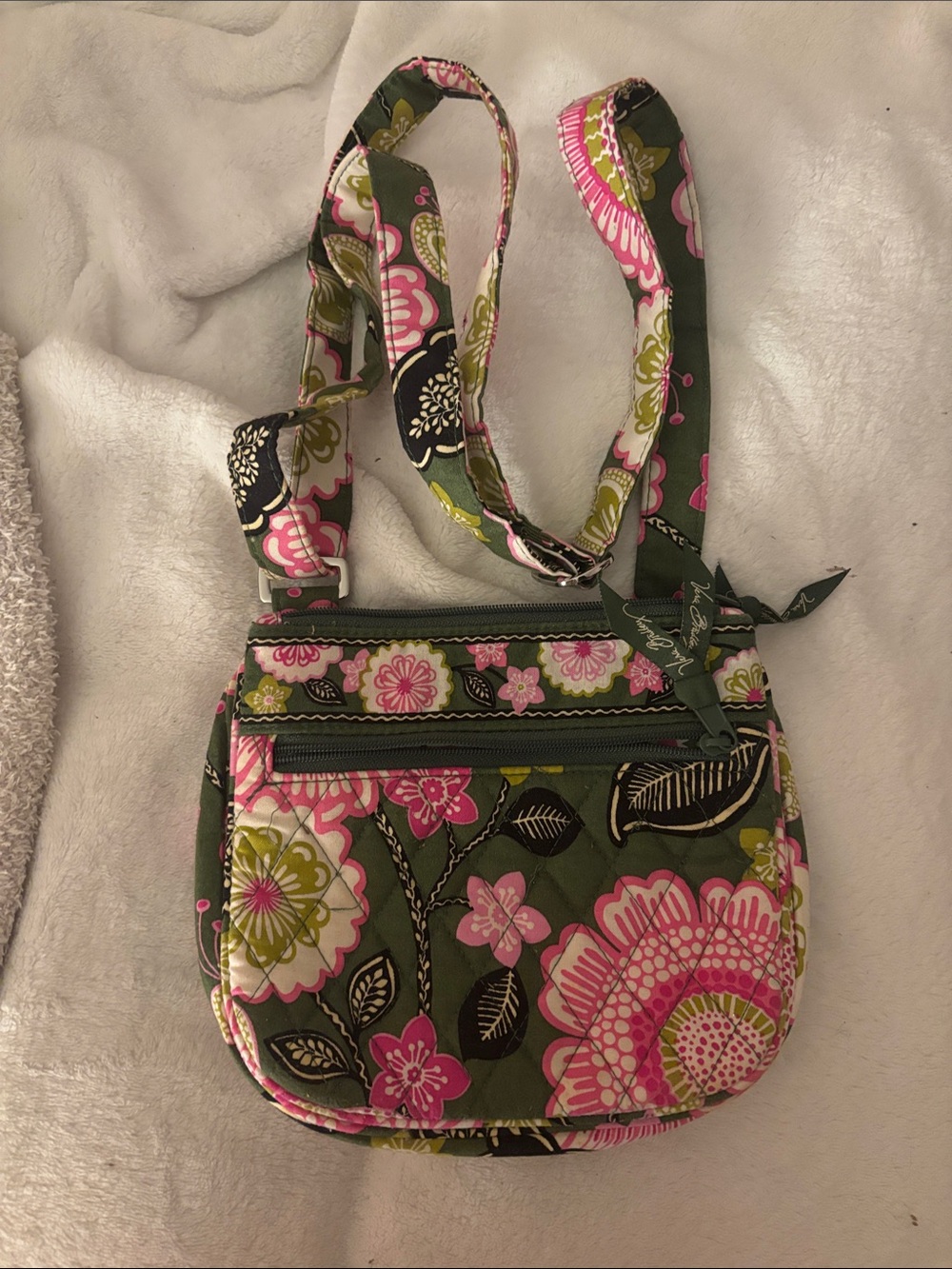 Vera Bradley Quilted Crossbody Bag in Olive Green and Pink Floral